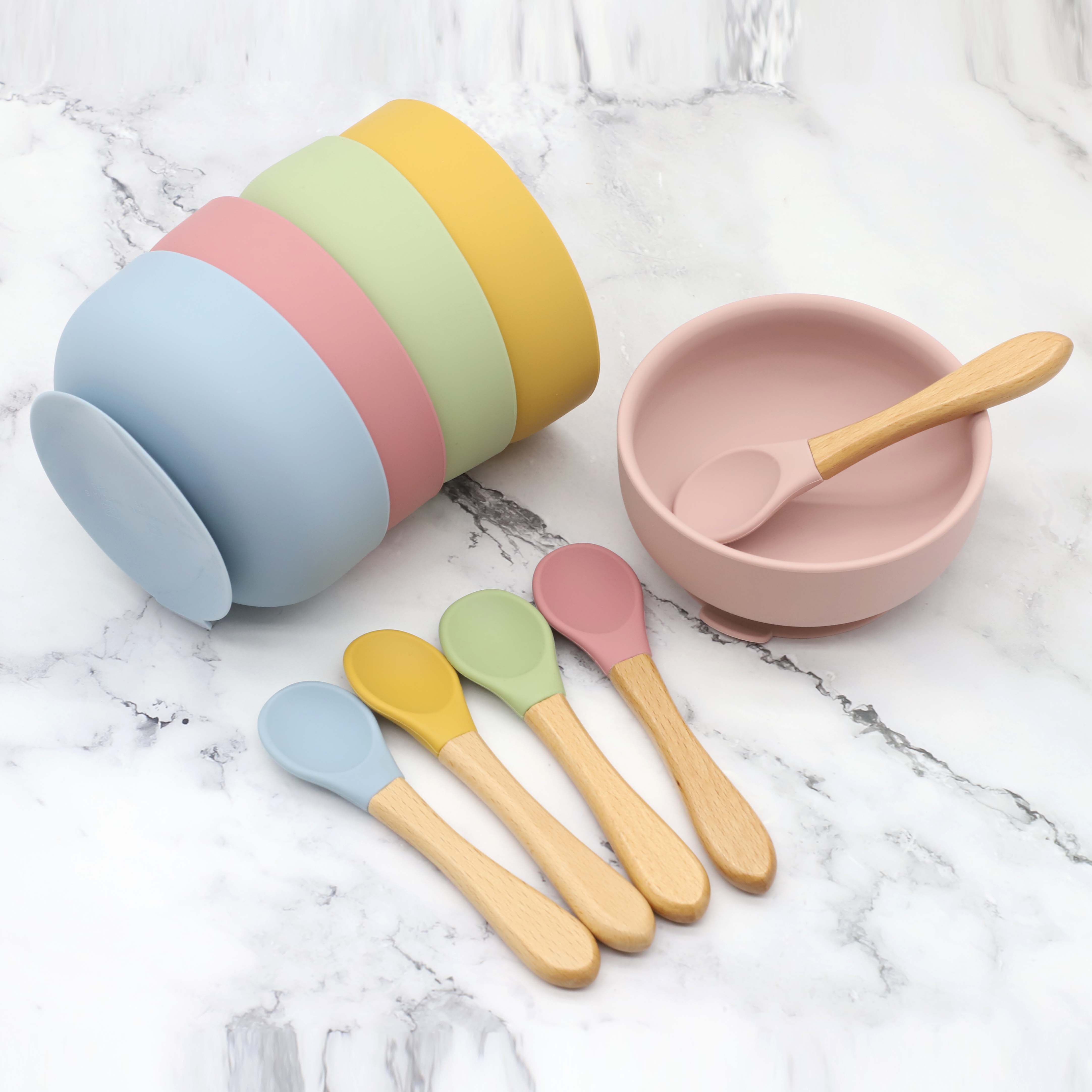 Baby Food Utensils Set - Silicone bowl with suction cup, wooden